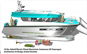 12.8m Hybrid Electric Diesel Aluminium Catamaran 20 Passengers Architecture & Design Andrei Rochian