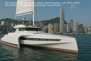23m Foils Assisted Sail Trimaran  Electric Hybrid ( HYDROGEN ) Propulsion with INTELLIGENT INFLATABLE SAIL SYSTEM  Architecture & Design Andrei Rochian